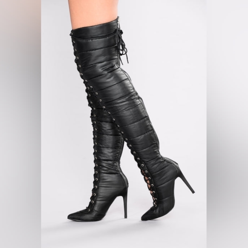 AZALEA WANG "Noir Empress" Lace-Up Black Over-the-Knee Stiletto Boots